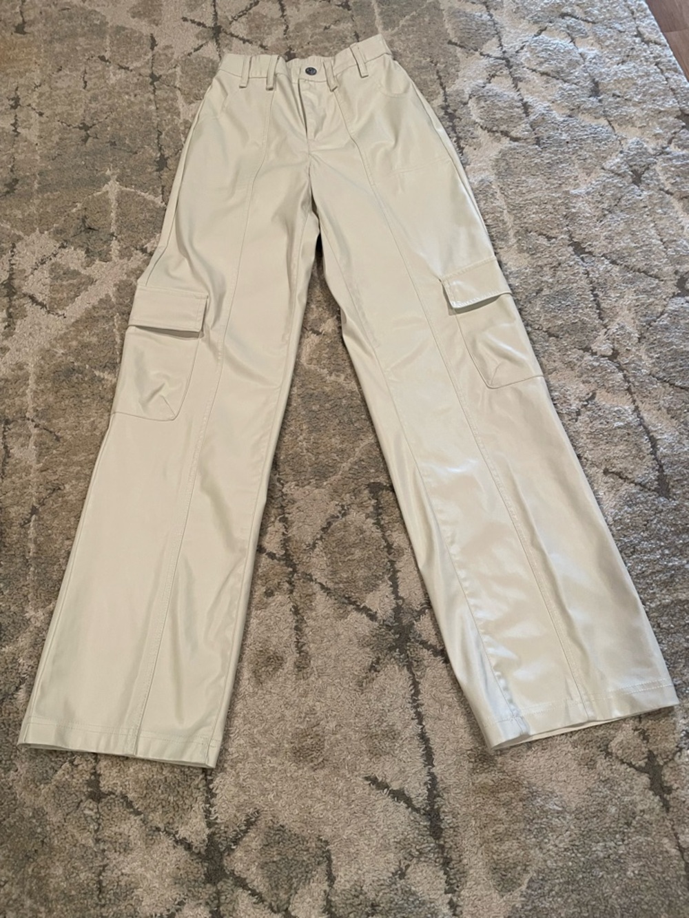 Wide Leg Cargo Pants - Cream Faux Leather